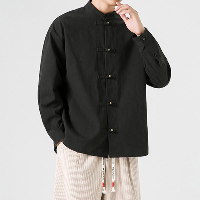 Chaqueta y camisa de algodón para hombre con botones de rana y Buddha Stones en color liso  - image 7