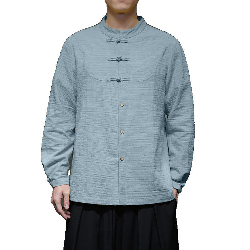 Traje de espiga de algodón y lino con botones de rana y color liso con Buddha Stones para hombre  - image 7