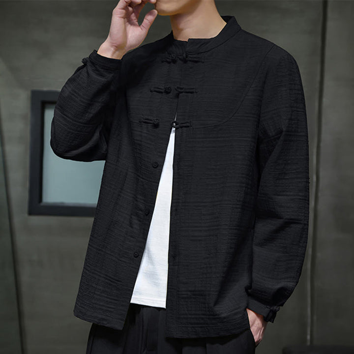 Traje de espiga de algodón y lino con botones de rana y color liso con Buddha Stones para hombre  - image 21