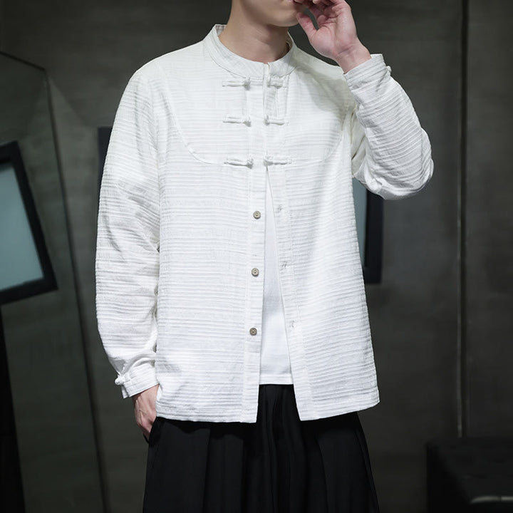Traje de espiga de algodón y lino con botones de rana y color liso con Buddha Stones para hombre  - image 14