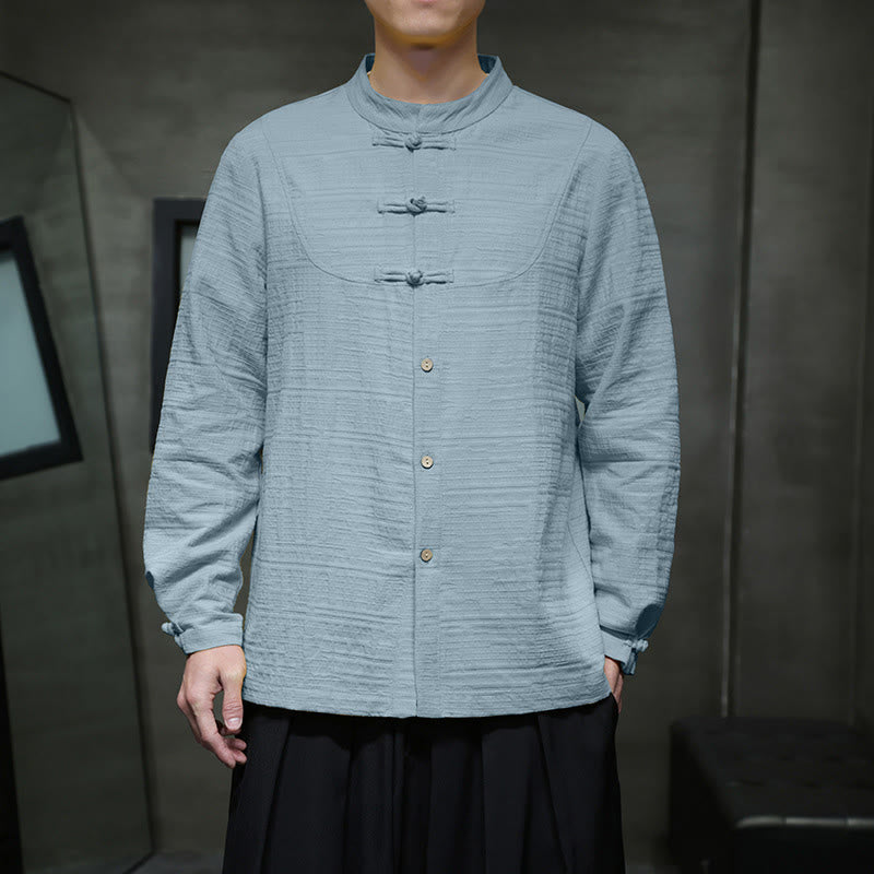 Traje de espiga de algodón y lino con botones de rana y color liso con Buddha Stones para hombre  - image 6