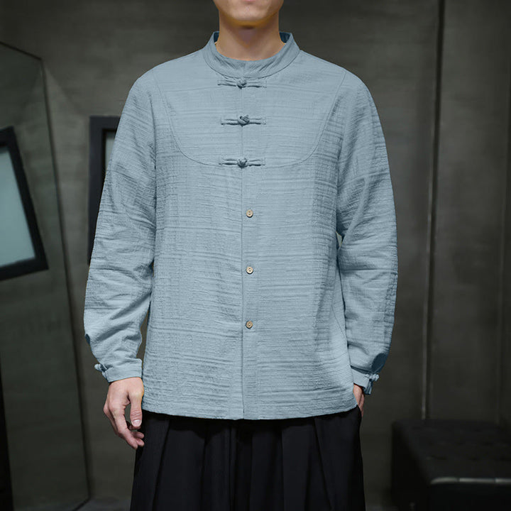 Traje de espiga de algodón y lino con botones de rana y color liso con Buddha Stones para hombre  - image 6