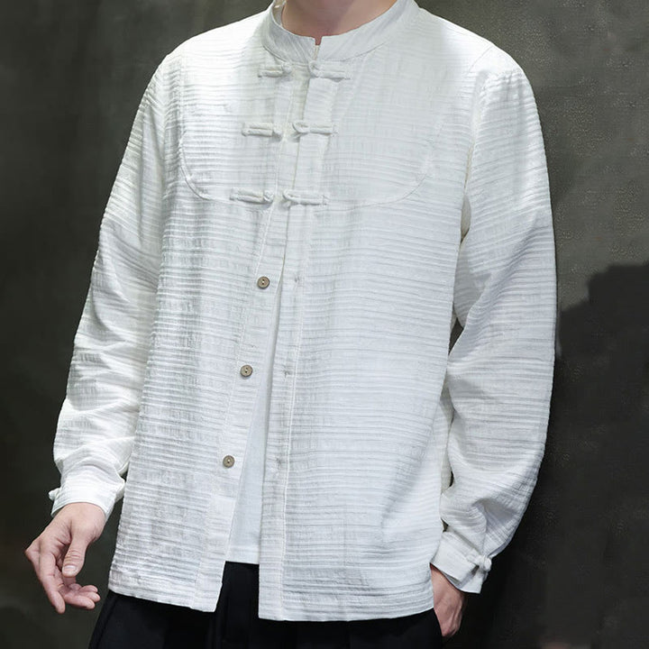 Traje de espiga de algodón y lino con botones de rana y color liso con Buddha Stones para hombre  - image 11