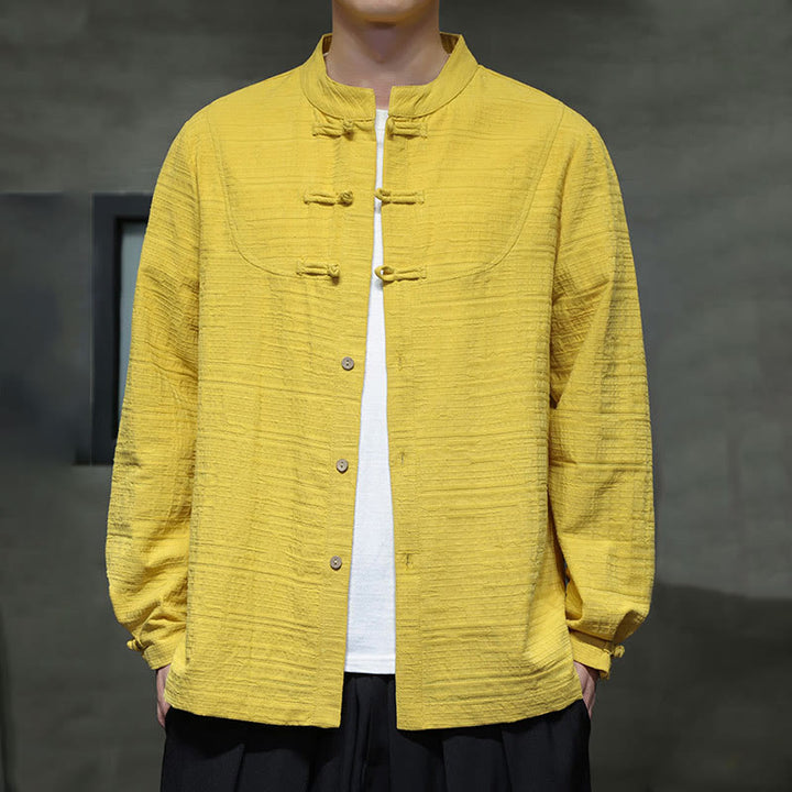 Traje de espiga de algodón y lino con botones de rana y color liso con Buddha Stones para hombre  - Amarillo - US/UK/AU46, EU56 (5XL) - image 24