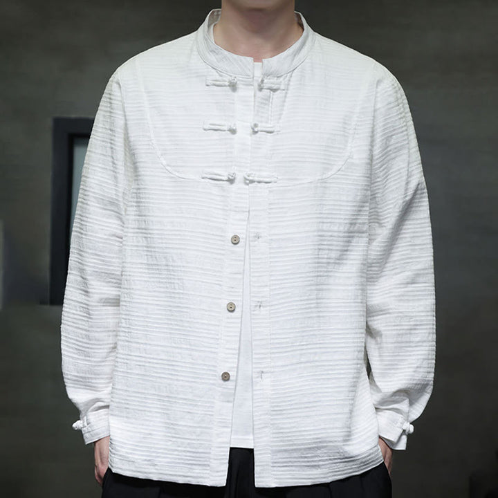 Traje de espiga de algodón y lino con botones de rana y color liso con Buddha Stones para hombre  - image 9