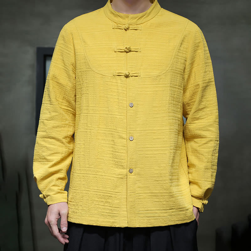 Traje de espiga de algodón y lino con botones de rana y color liso con Buddha Stones para hombre  - image 25