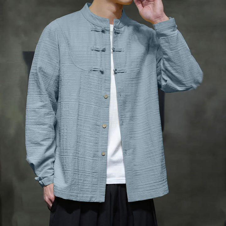 Traje de espiga de algodón y lino con botones de rana y color liso con Buddha Stones para hombre  - image 2