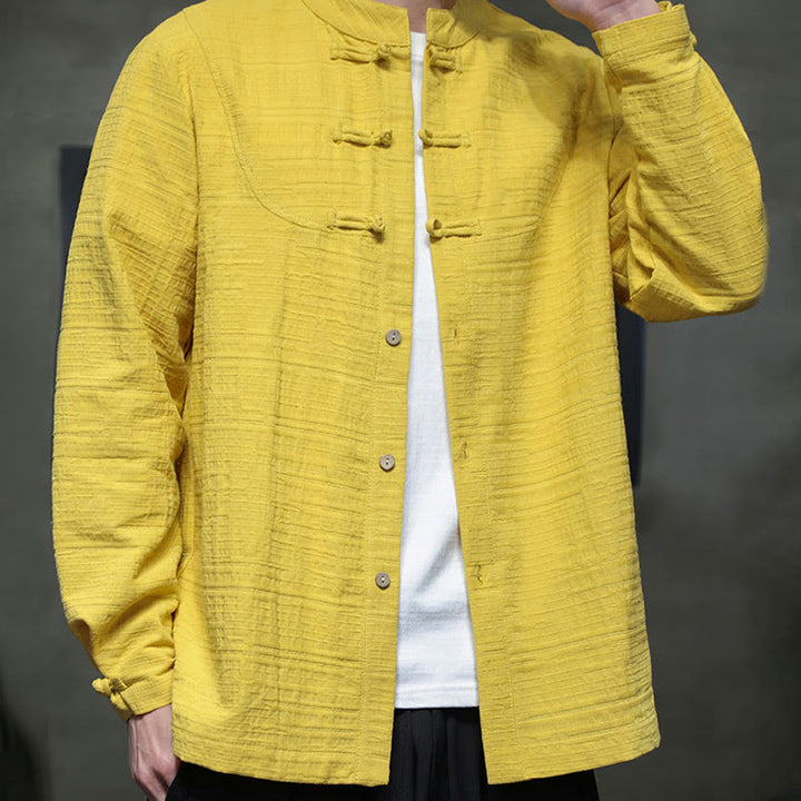 Traje de espiga de algodón y lino con botones de rana y color liso con Buddha Stones para hombre  - image 27