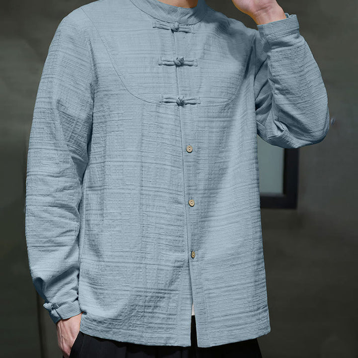 Traje de espiga de algodón y lino con botones de rana y color liso con Buddha Stones para hombre  - image 4