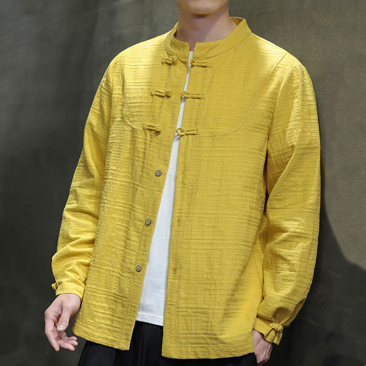 Traje de espiga de algodón y lino con botones de rana y color liso con Buddha Stones para hombre  - image 32