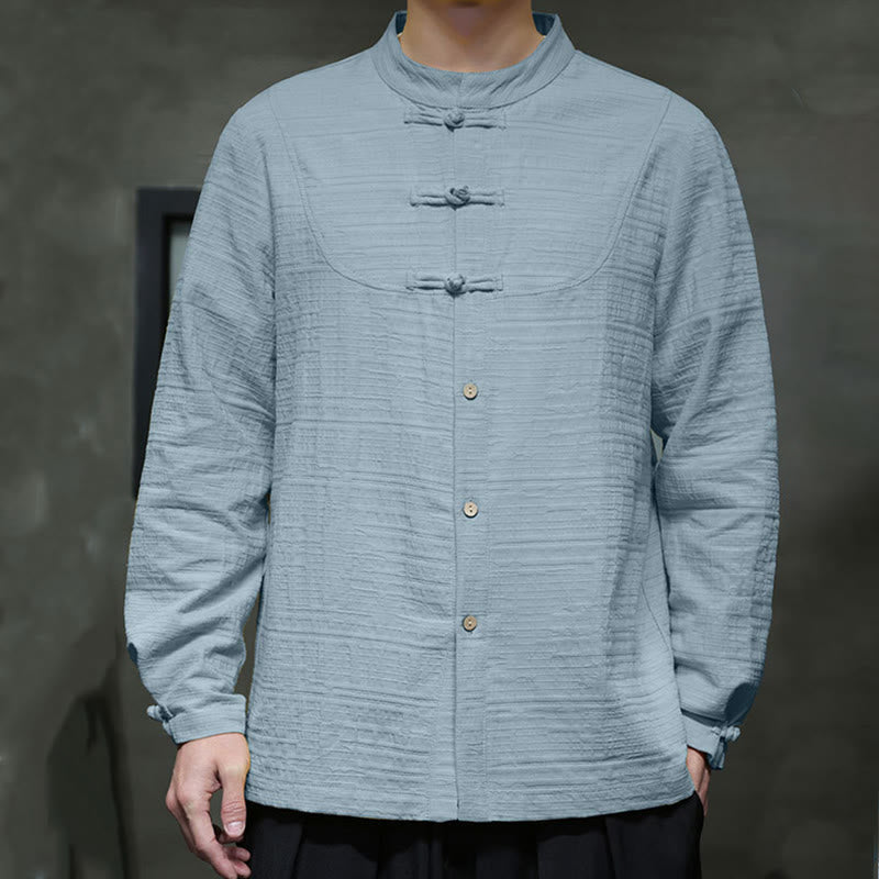 Traje de espiga de algodón y lino con botones de rana y color liso con Buddha Stones para hombre  - image 5