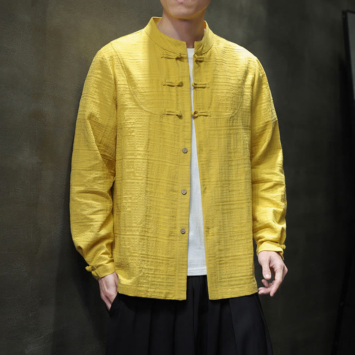 Traje de espiga de algodón y lino con botones de rana y color liso con Buddha Stones para hombre  - image 29