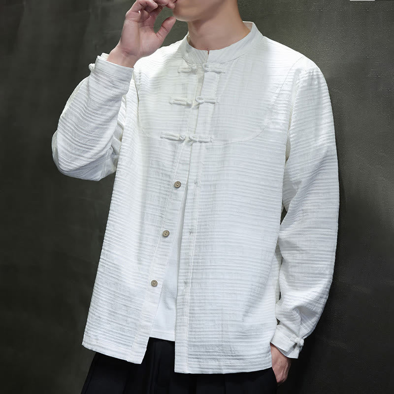 Traje de espiga de algodón y lino con botones de rana y color liso con Buddha Stones para hombre  - image 15