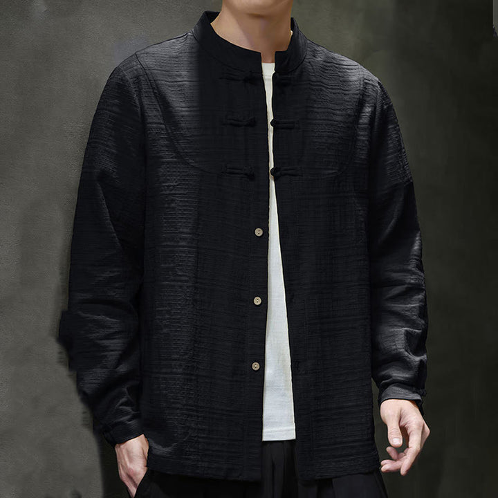 Traje de espiga de algodón y lino con botones de rana y color liso con Buddha Stones para hombre  - image 22