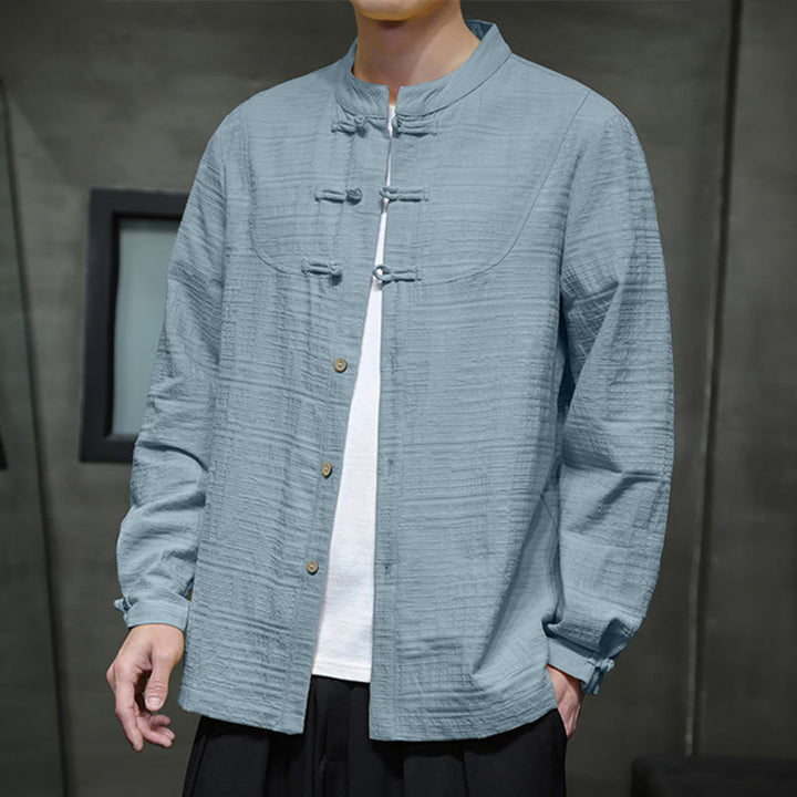 Traje de espiga de algodón y lino con botones de rana y color liso con Buddha Stones para hombre  - Cadete Azul - US/UK/AU46, EU56 (5XL) - image 0