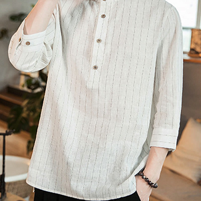 Camisa de lino para hombre con mangas tres cuartos y rayas con botones y medio estampado Buddha Stones - image 19