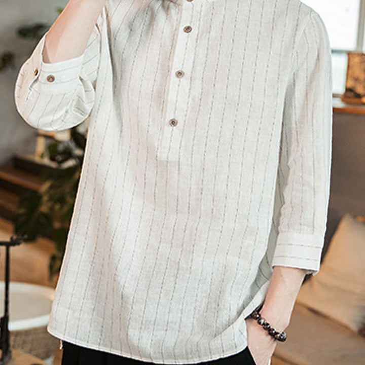 Camisa de lino para hombre con mangas tres cuartos y rayas con botones y medio estampado Buddha Stones - image 19