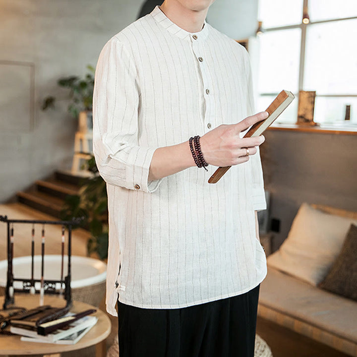 Camisa de lino para hombre con mangas tres cuartos y rayas con botones y medio estampado Buddha Stones - image 16