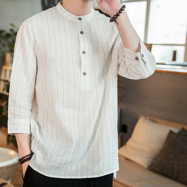Camisa de lino para hombre con mangas tres cuartos y rayas con botones y medio estampado Buddha Stones - image 18
