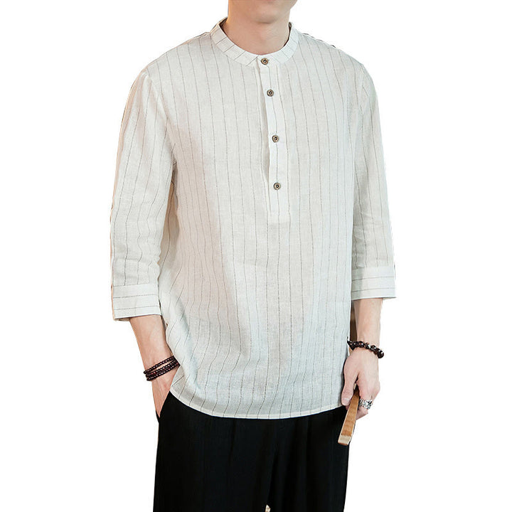 Camisa de lino para hombre con mangas tres cuartos y rayas con botones y medio estampado Buddha Stones - image 26