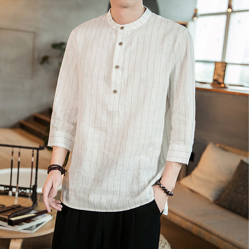 Camisa de lino para hombre con mangas tres cuartos y rayas con botones y medio estampado Buddha Stones - Blanco - US/UK/AU46, EU56 (5XL) - image 12