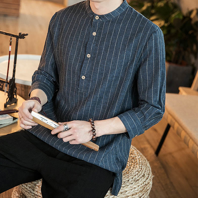 Camisa de lino para hombre con mangas tres cuartos y rayas con botones y medio estampado Buddha Stones - image 10