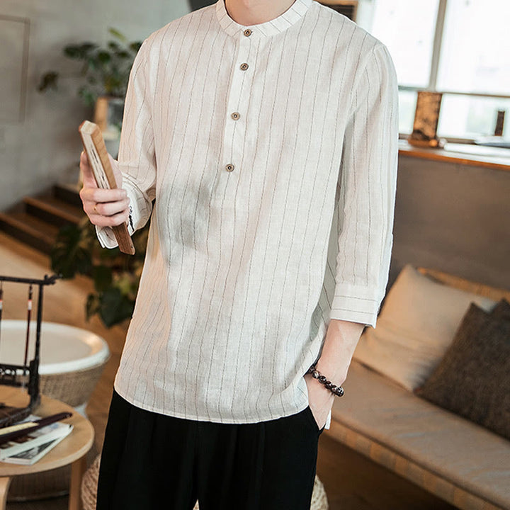 Camisa de lino para hombre con mangas tres cuartos y rayas con botones y medio estampado Buddha Stones - image 13