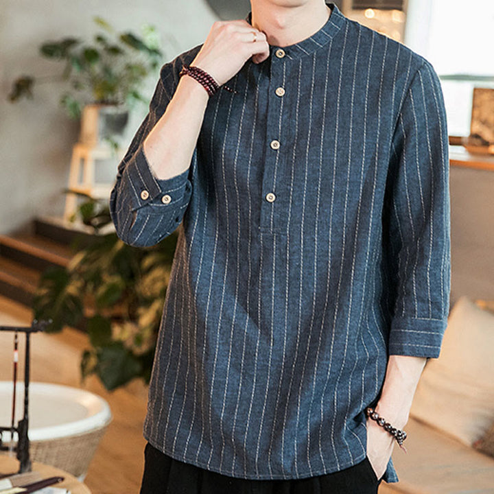 Camisa de lino para hombre con mangas tres cuartos y rayas con botones y medio estampado Buddha Stones - image 2