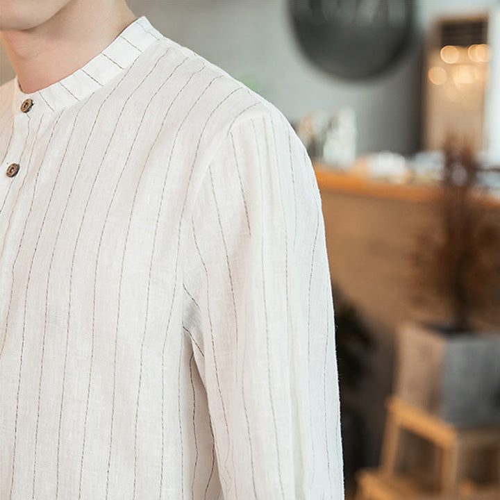 Camisa de lino para hombre con mangas tres cuartos y rayas con botones y medio estampado Buddha Stones - image 23