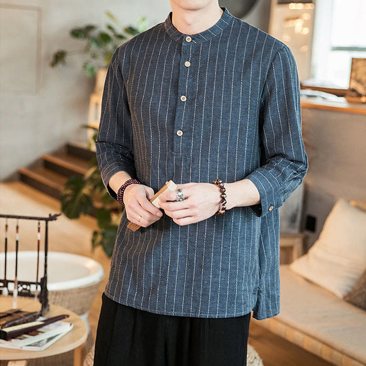 Camisa de lino para hombre con mangas tres cuartos y rayas con botones y medio estampado Buddha Stones - image 3