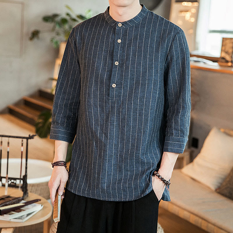 Camisa de lino para hombre con mangas tres cuartos y rayas con botones y medio estampado Buddha Stones - Azul oscuro - US/UK/AU46, EU56 (5XL) - image 0