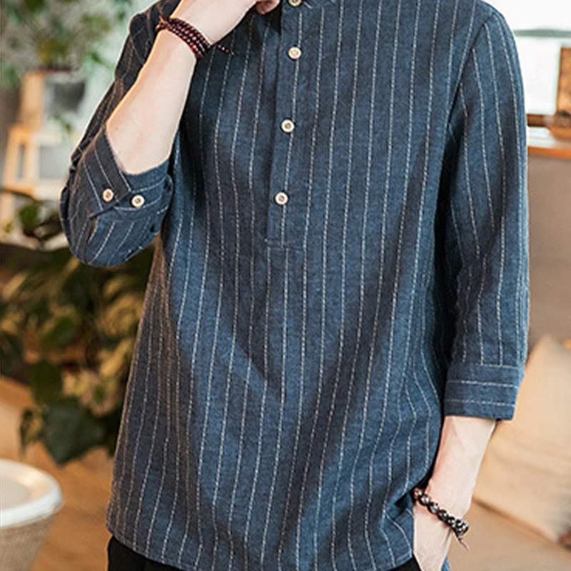 Camisa de lino para hombre con mangas tres cuartos y rayas con botones y medio estampado Buddha Stones - image 9