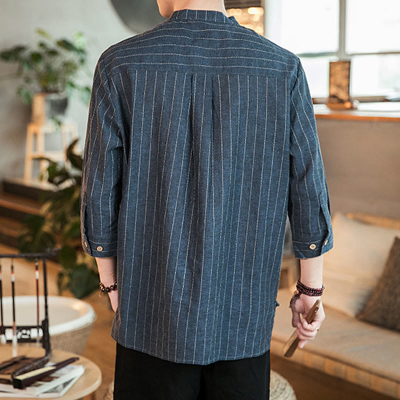 Camisa de lino para hombre con mangas tres cuartos y rayas con botones y medio estampado Buddha Stones - image 4