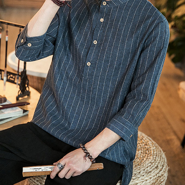 Camisa de lino para hombre con mangas tres cuartos y rayas con botones y medio estampado Buddha Stones - image 11