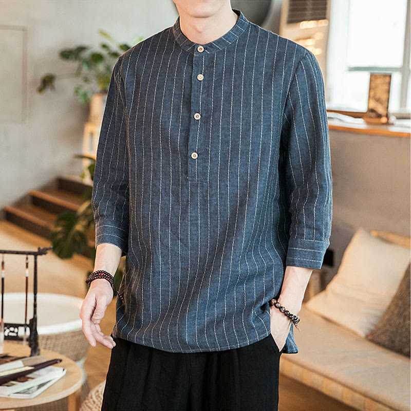 Camisa de lino para hombre con mangas tres cuartos y rayas con botones y medio estampado Buddha Stones - image 7
