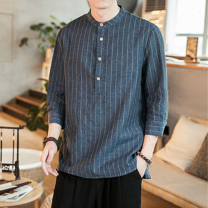 Camisa de lino para hombre con mangas tres cuartos y rayas con botones y medio estampado Buddha Stones - image 7