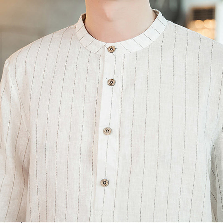 Camisa de lino para hombre con mangas tres cuartos y rayas con botones y medio estampado Buddha Stones - image 22