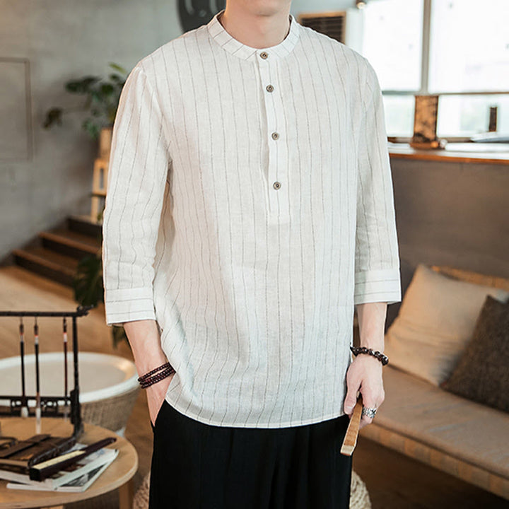 Camisa de lino para hombre con mangas tres cuartos y rayas con botones y medio estampado Buddha Stones - image 17