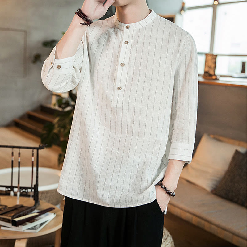 Camisa de lino para hombre con mangas tres cuartos y rayas con botones y medio estampado Buddha Stones - image 14