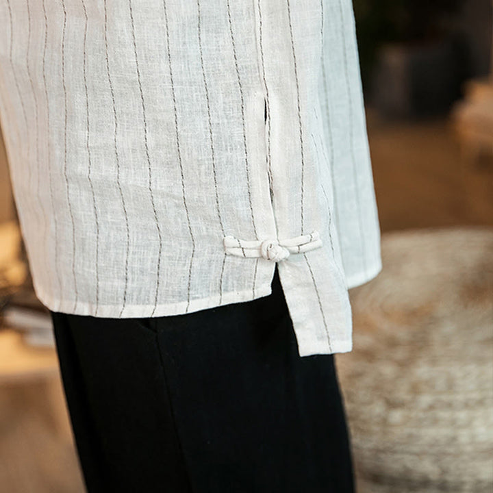 Camisa de lino para hombre con mangas tres cuartos y rayas con botones y medio estampado Buddha Stones - image 25