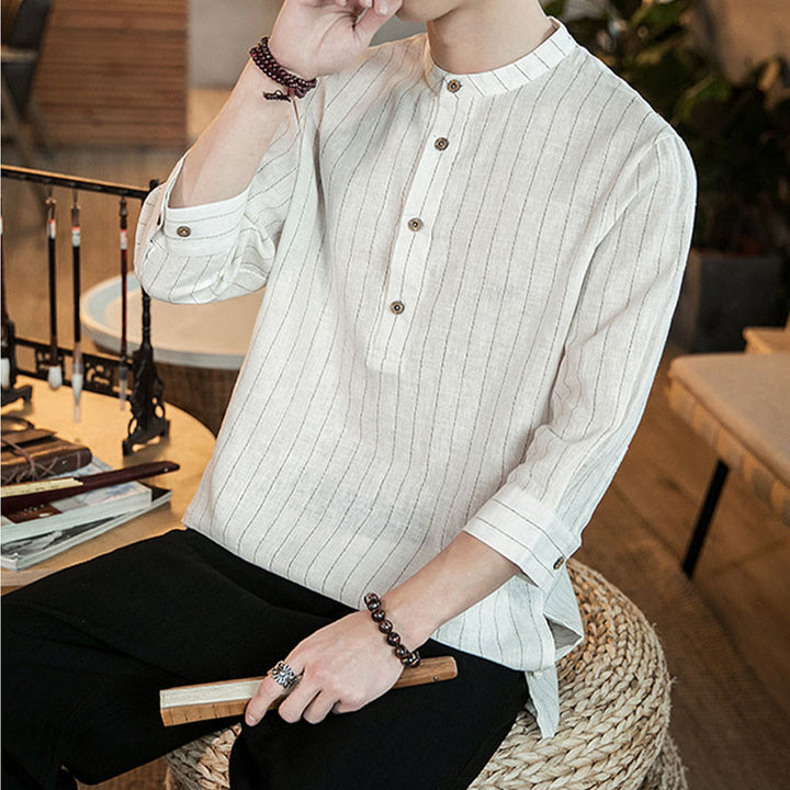 Camisa de lino para hombre con mangas tres cuartos y rayas con botones y medio estampado Buddha Stones - image 21