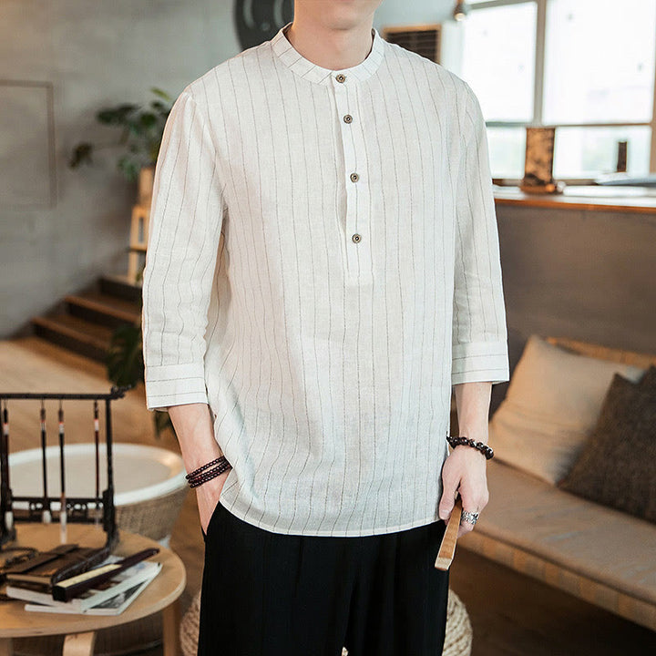 Camisa de lino para hombre con mangas tres cuartos y rayas con botones y medio estampado Buddha Stones - image 15