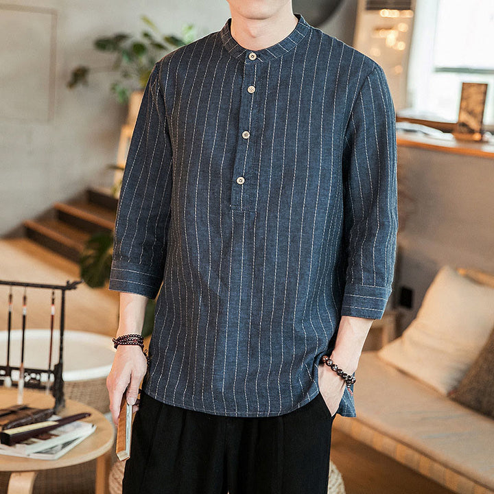 Camisa de lino para hombre con mangas tres cuartos y rayas con botones y medio estampado Buddha Stones - image 8