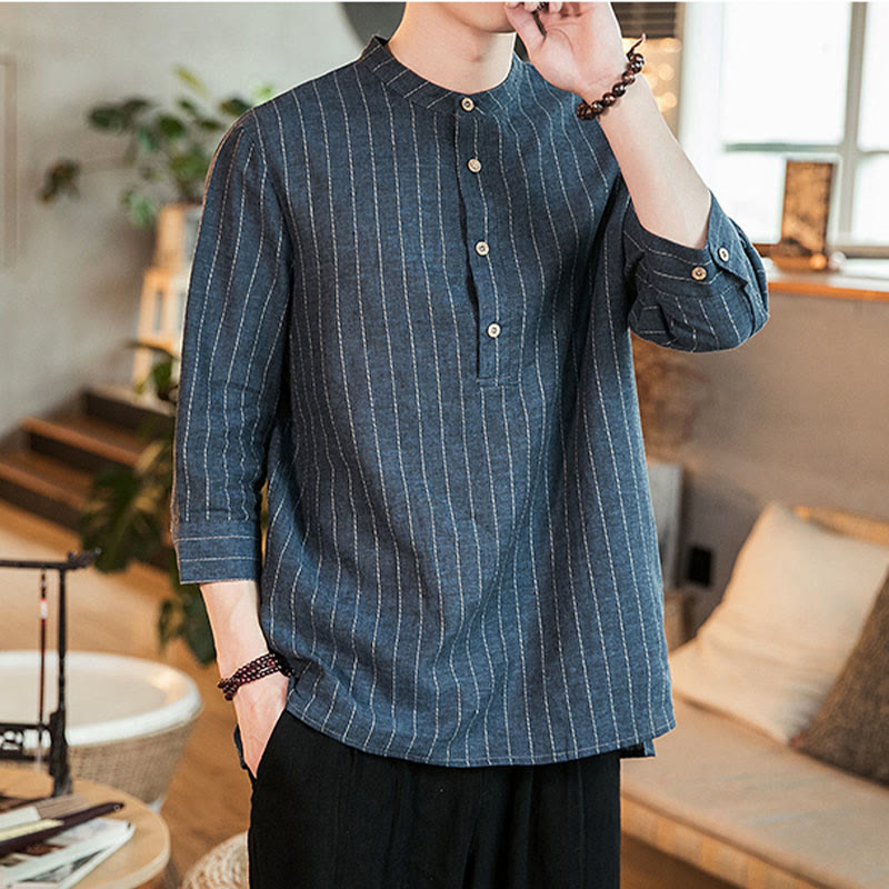 Camisa de lino para hombre con mangas tres cuartos y rayas con botones y medio estampado Buddha Stones - image 1