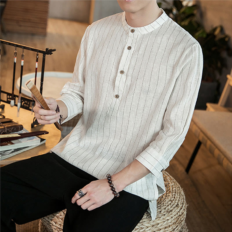 Camisa de lino para hombre con mangas tres cuartos y rayas con botones y medio estampado Buddha Stones - image 20