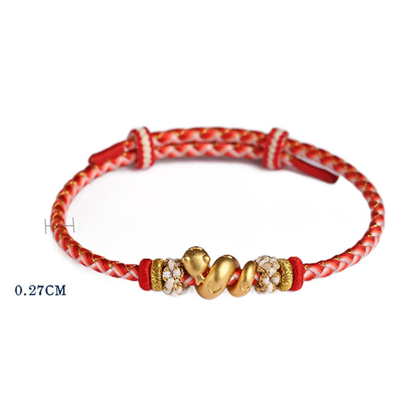 Pulsera trenzada con hilo rojo degradado y Buddha Stones en plata de ley 999 con el año de la serpiente y la suerte
