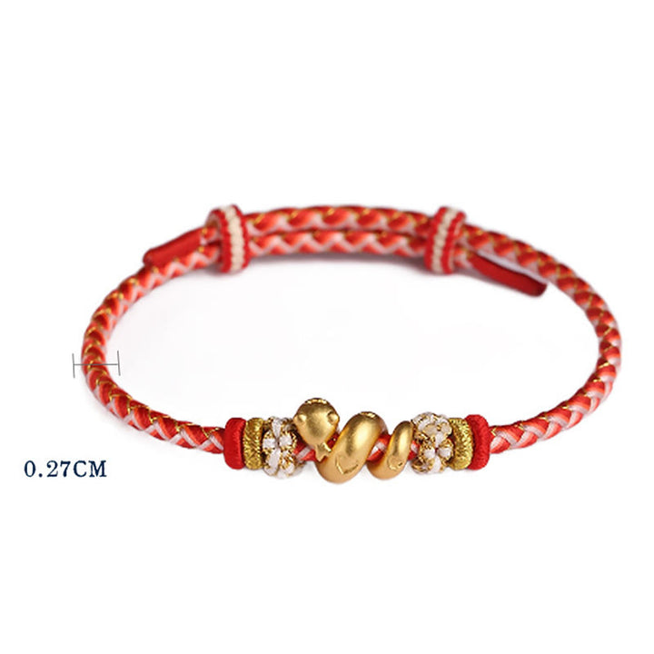 Pulsera trenzada con hilo rojo degradado y Buddha Stones en plata de ley 999 con el año de la serpiente y la suerte
