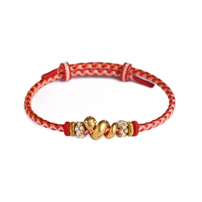 Pulsera trenzada con hilo rojo degradado y Buddha Stones en plata de ley 999 con el año de la serpiente y la suerte