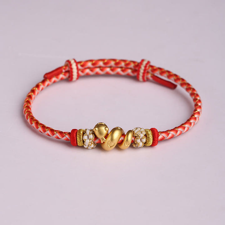 Pulsera trenzada con hilo rojo degradado y Buddha Stones en plata de ley 999 con el año de la serpiente y la suerte