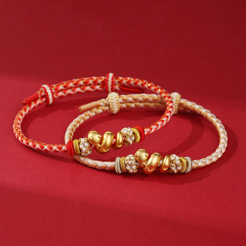 Pulsera trenzada con hilo rojo degradado y Buddha Stones en plata de ley 999 con el año de la serpiente y la suerte